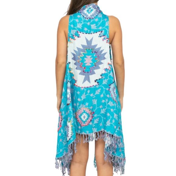 RAJ  Imports Turquoise Embroidered Vest Boho One Size Fringe India Molly Fringe - Picture 1 of 3